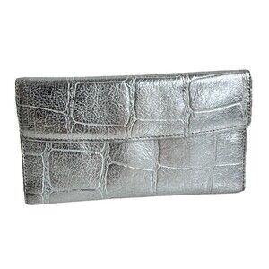 Lodis Metallic Silver Croc Embossed Leather Wallet Clutch Zip Organizer